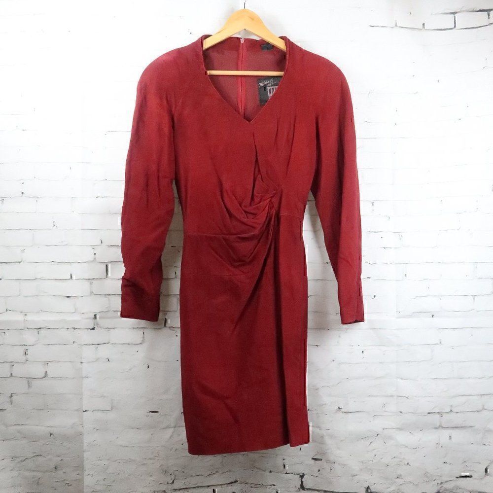MICHAEL HOBAN NORTH BEACH LEATHER VINTAGE RED SUEDE LONG SLEEVE V NECK DRESS